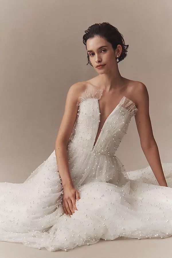 Theia Pacifica Strapless Plunging Embellished Ball-Skirt Wedding Gown | Anthropologie (US)