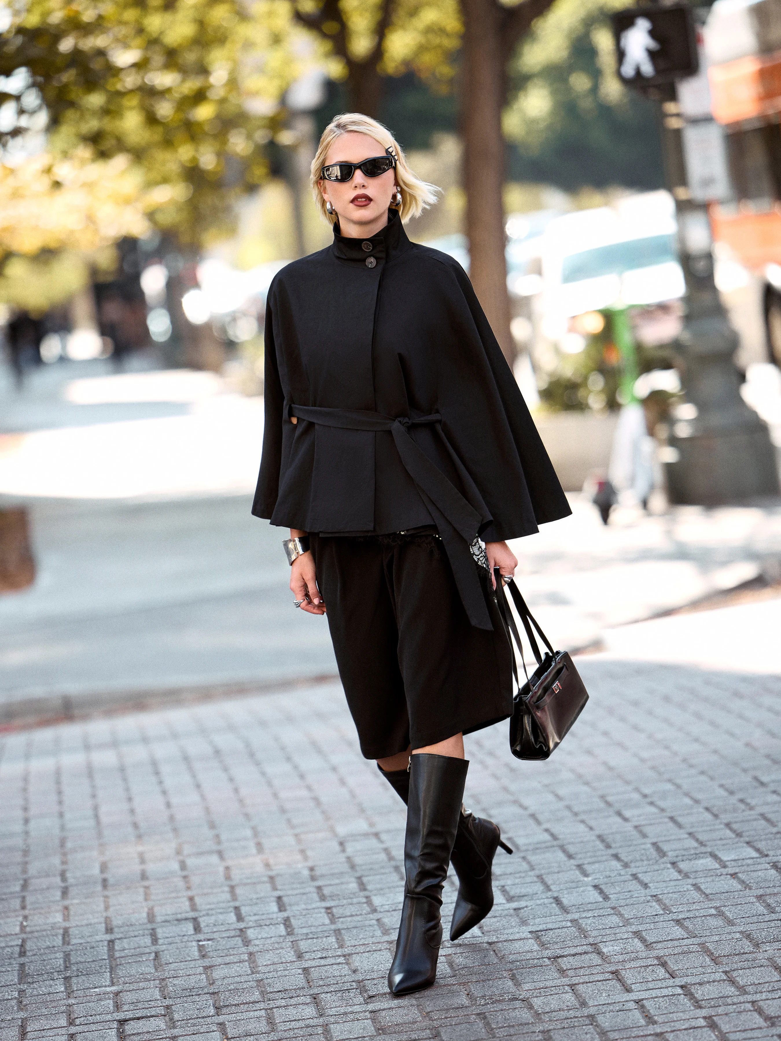 Cotton-blend Stand Collar Bell Sleeve Super Oversized Jacket With Belt | Cider