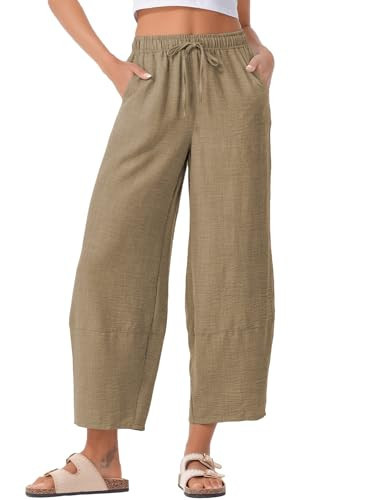 EVALESS Wide Leg Pants Woman Summer Casual High Waisted Baggy Barrel Trousers Pale Khaki 2XL | Amazon (US)