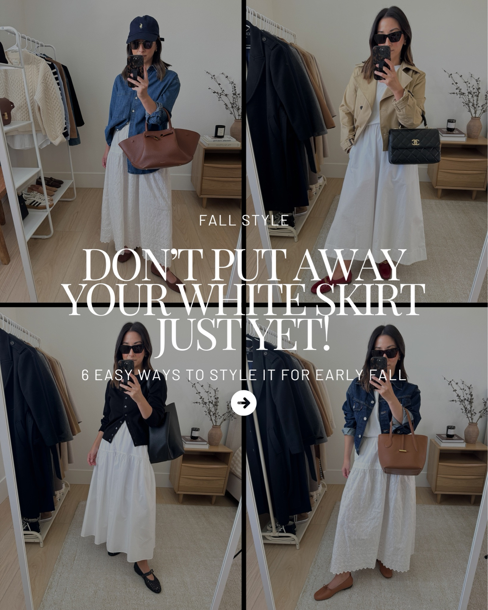 White skirts are one of my favorite pieces to transition into fall - just swap in deeper tones, layers, and more grounded accessories.

Look 1:
Madewell tee xs - sold out, linked similar
Gap x Doen skirt xs - old, linked similar 
Everlane flats 5 
Levi's denim jacket xs 
Liffner bag - linked similar
Celine sunglasses 
J.Crew earrings - old
Dorsey James necklace 15"

Look 2:
Madewell cardigan small 
Almina Concept skirt small - old, linked similar
Madewell woven flats 5 - sold out, linked similar
Mansur Gavriel tote 
YSL Sunglasses

Look 3:
Aritzia cropped trench small, could wear the xs 
Aritzia tee medium 
Aritzia dress small 
Chanel Trendy cc small 
Sam Edelman loafers 5
YSL Sunglasses 
Dorsey James necklace 15" 
J.Crew earrings - old

Look 4:
AYR shirt xs 
Gap x Doen skirt xs - old, linked similar
Madewell flats 5 - old, linked similar
DeMellier bag 
Polo Ralph Lauren hat 
Le Specs sunglasses

Look 5:
Madewell skirt xs - old, linked similar 
Jenni Kayne Sweater xs - linked similar
Adidas sneakers 4 mens 
The Row tote small 
Celine sunglasses

Look 6:
Quince fisherman sweater small 
Everlane tee medium 
Gap x DOEN skirt xs - old, linked similar 
Onitsuka Tiger sneakers 4.5 mens 
Parisa Wang bag (can't be linked here) 
Le Specs sunglasses

#LTKmomlife #LTKPetite