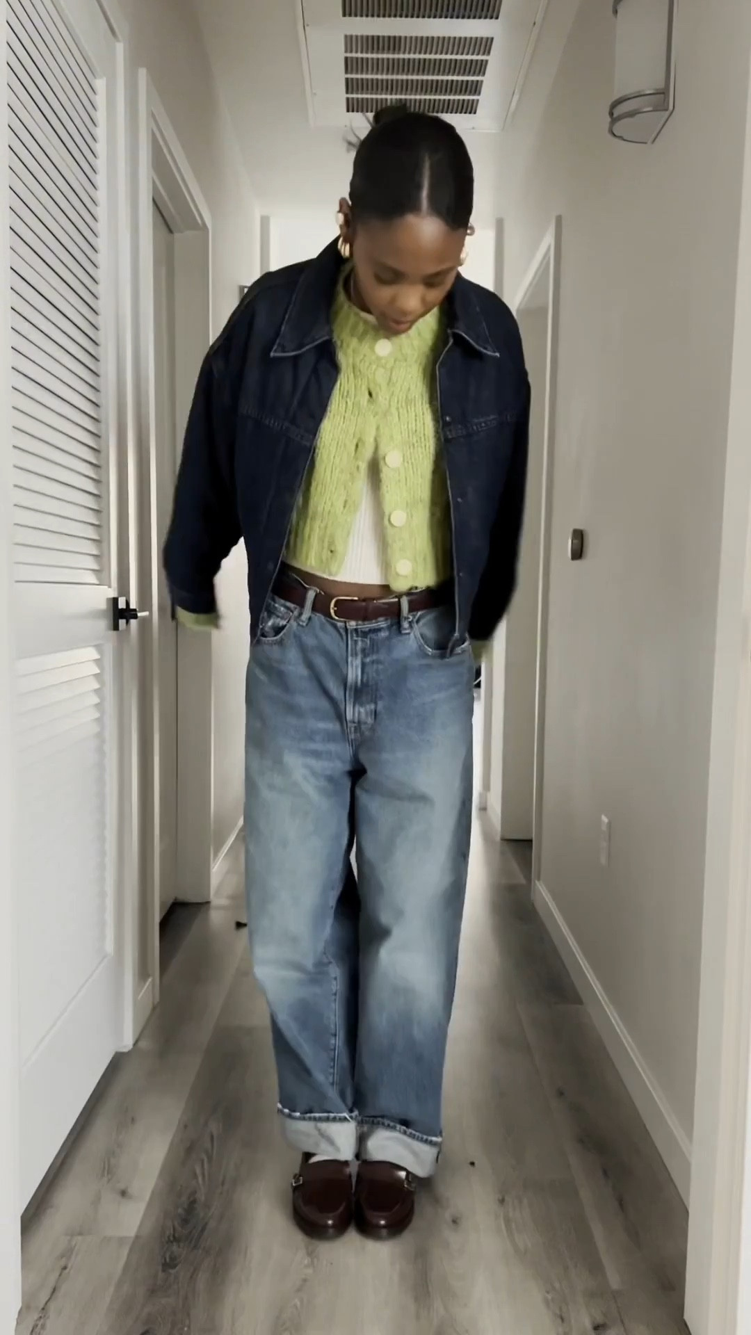 It’s raining all week and i’m not the happiest about it but here is my rainy day fit! Cozy, comfortable and warm!! 
I love this green sweater so much. It’s an old thrift find but it’s from urban outfitters! Also this hybrid denim puffer jacket has been my go to lately.

#LTKStyleTip #LTKMostLoved #LTKU