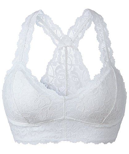YIANNA Women White Floral Lace Bralette Padded Breathable Sexy Racerback Lace Bra Bustier Crop Top W | Amazon (US)
