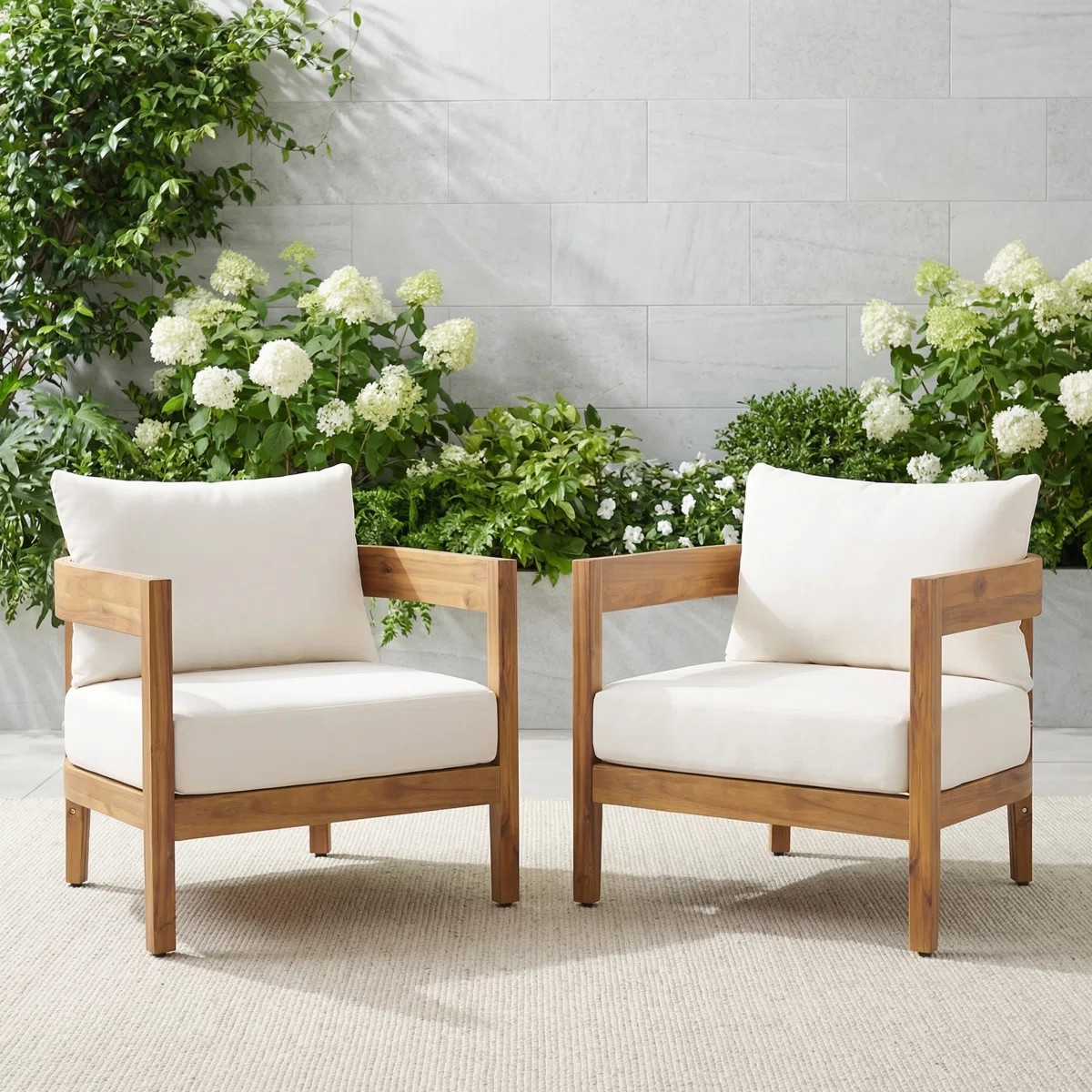 Lorene Outdoor Acacia Wood Club Chair with Cushions (Set of 2) | Wayfair North America