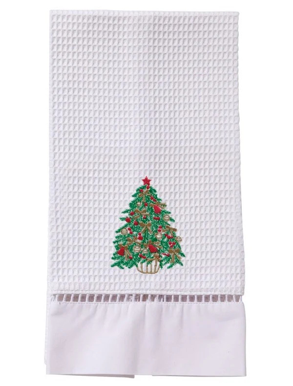 Christmas Tree Green Embroidered Waffle Weave Guest Towel | Jacaranda Living