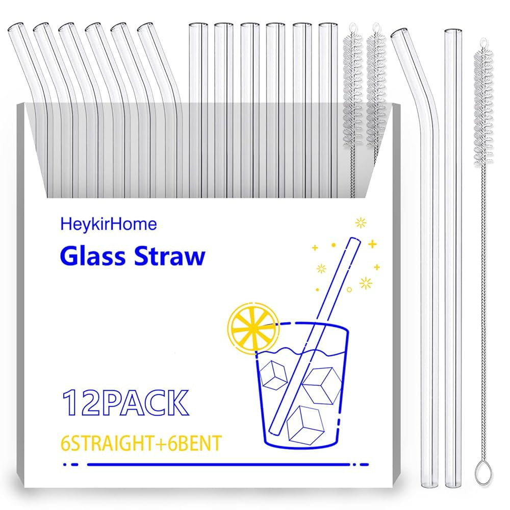 12-Pack Reusable Glass Straw,Size 8.5''x10 MM,Including 6 Straight and 6 Bent with 2 Cleaning Bru... | Amazon (US)