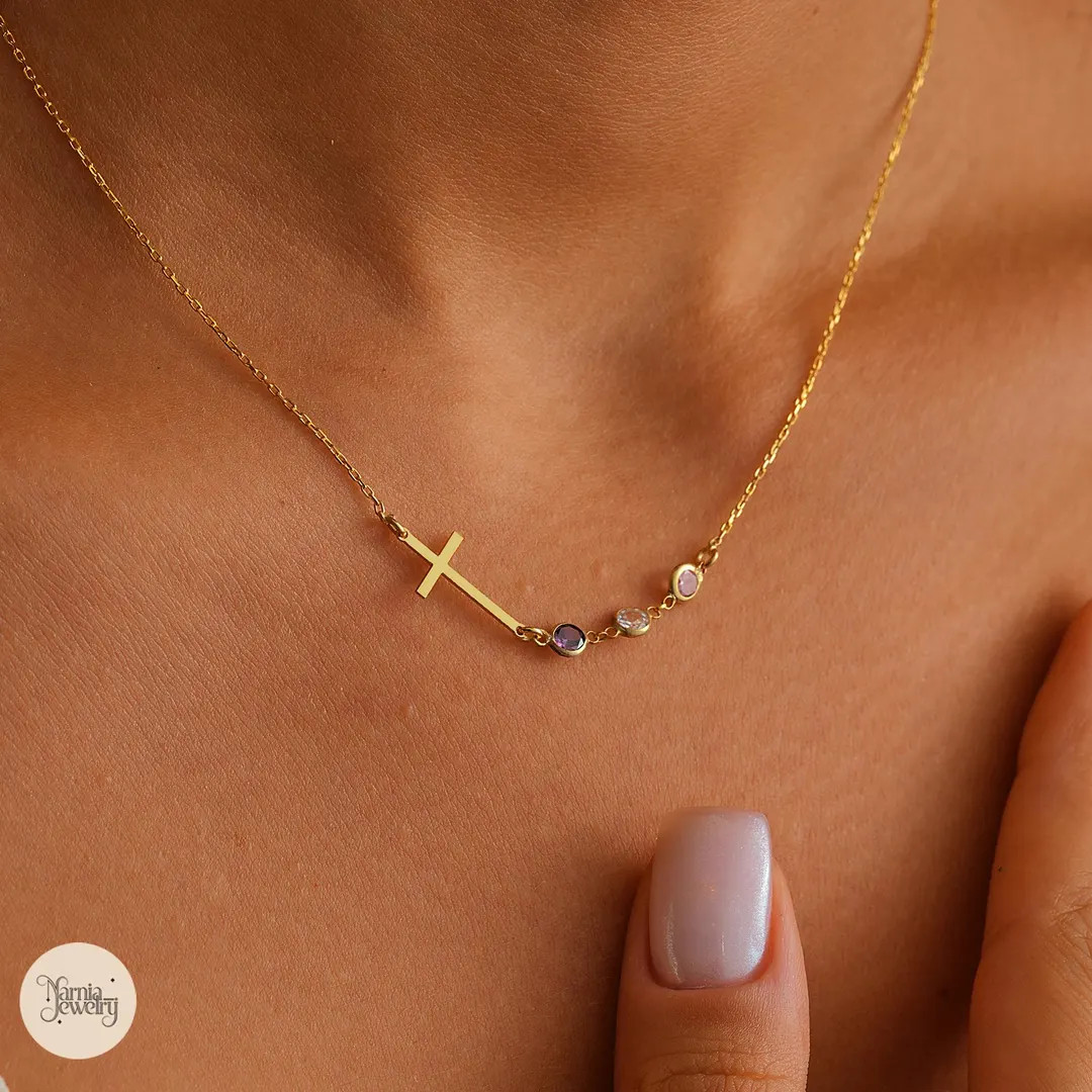 Birthstone Cross Necklace, Customized Birthstone Necklace, Baptism Cross Pendant, Personalized Bi... | Etsy (US)