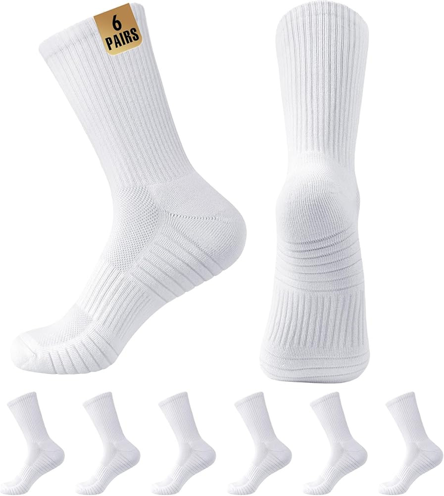 MUQU Mens White Crew Socks - Cushioned Sports Athletic Socks For Walking Hiking Running 6 Pairs | Amazon (US)