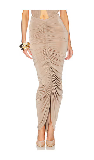 Bianca Ruched Midi Skirt in Taupe | Revolve Clothing (Global)