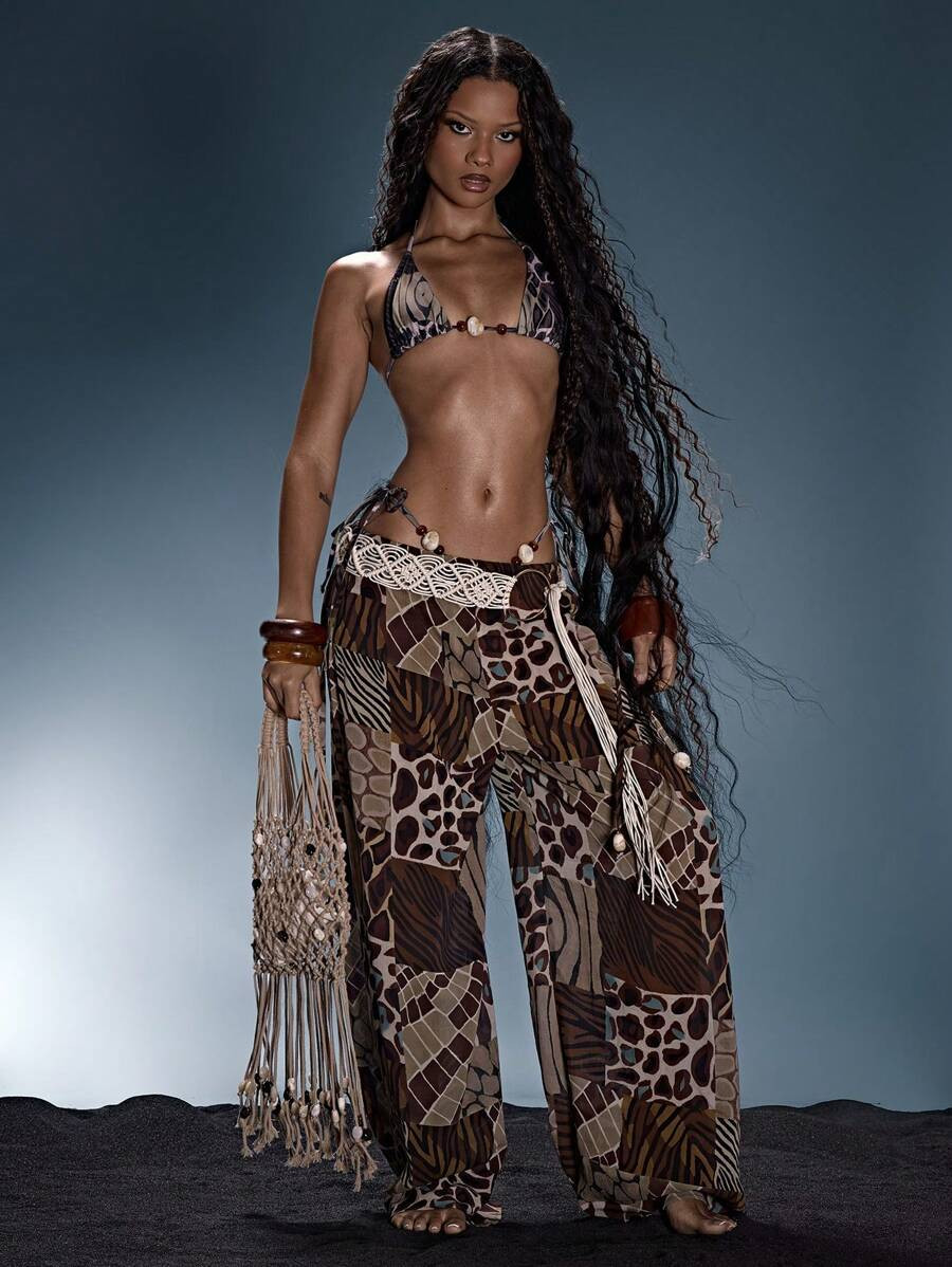 Musera Resort Low Rise Relaxed Beaded Tie Trousers Summer Sexy Festival Holiday Ibiza Rave Boho B... | SHEIN