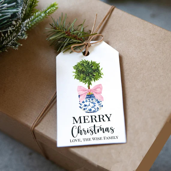 Christmas Pink Topiary Chinoiserie Favor Gift Tags Personalized with FREE SHIPPING Christmas Gift... | Etsy (US)