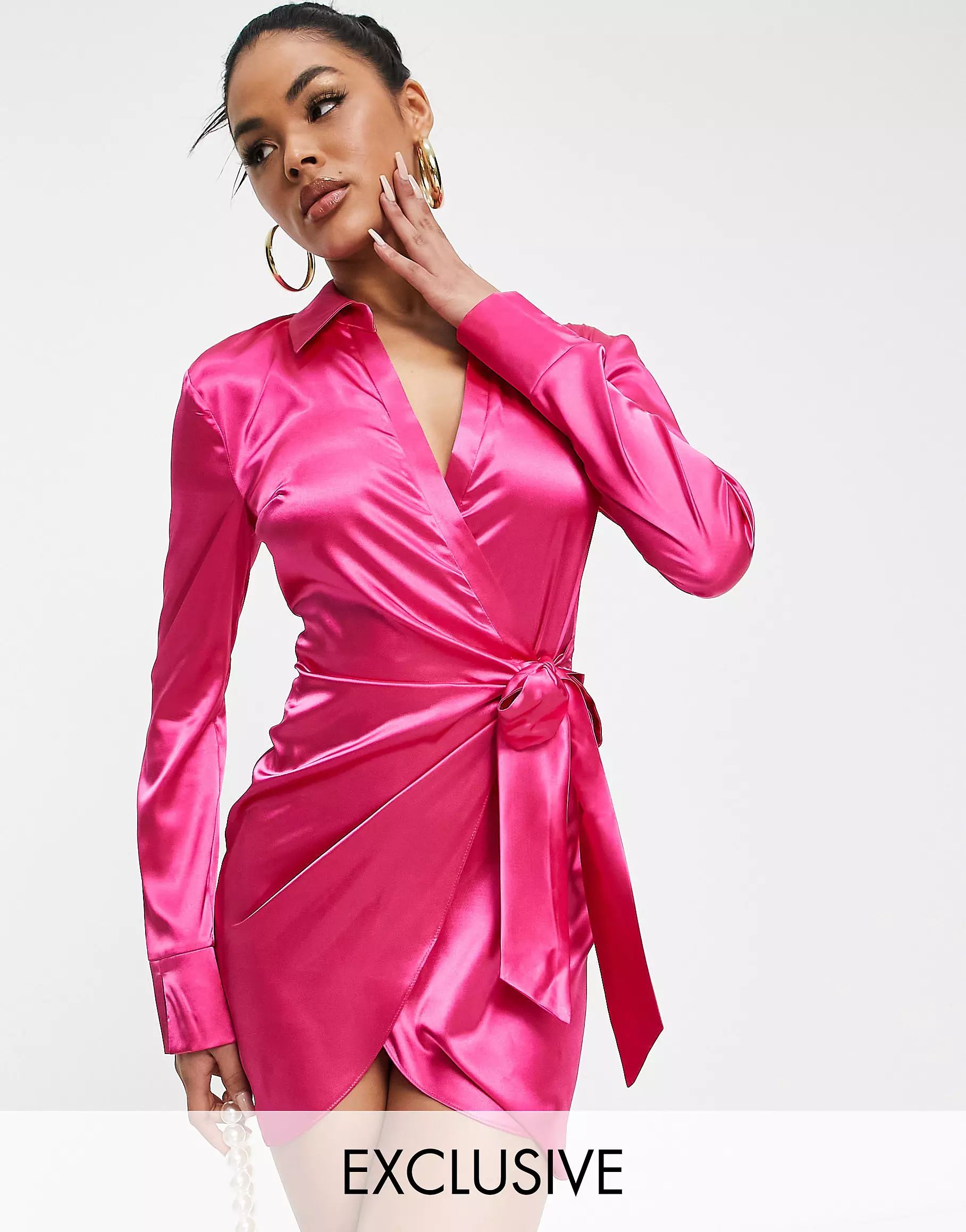 ASYOU satin wrap shirt mini dress in pink | ASOS | ASOS (Global)