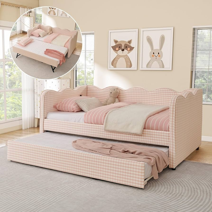 Twin Size Daybed with Pop Up Trundle, Linen Gingham Twin to King Daybed with USB Ports, Upholster... | Amazon (US)