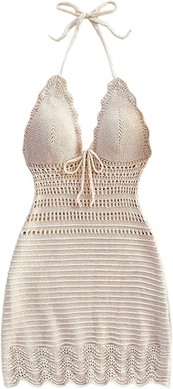 GORGLITTER Women's Vacation Outfits Crochet Halter Mini Dress Summer Beach Bow Tie Backless Bodyc... | Amazon (US)