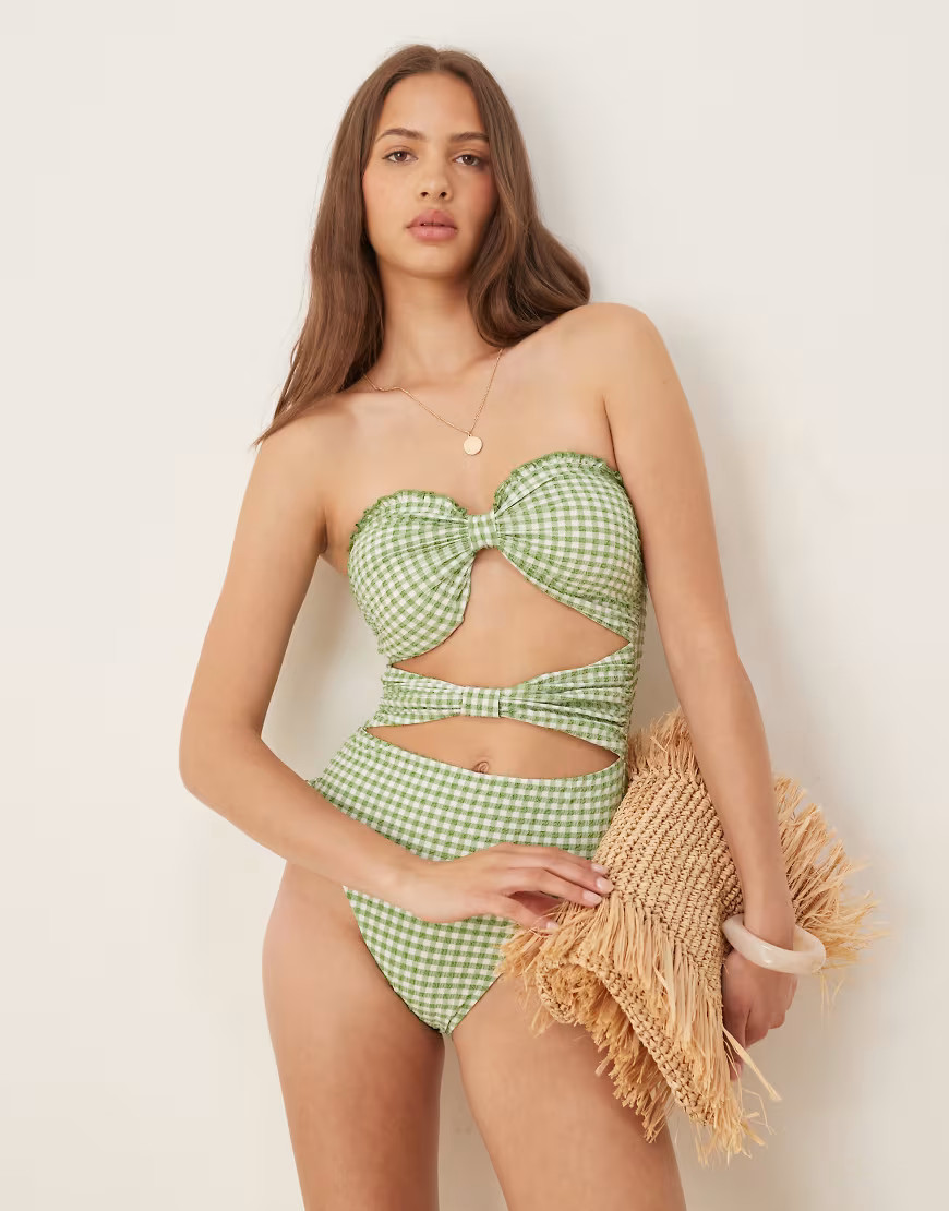 ASOS DESIGN Dorothy cut out bandeau swimsuit green gingham | ASOS (Global)