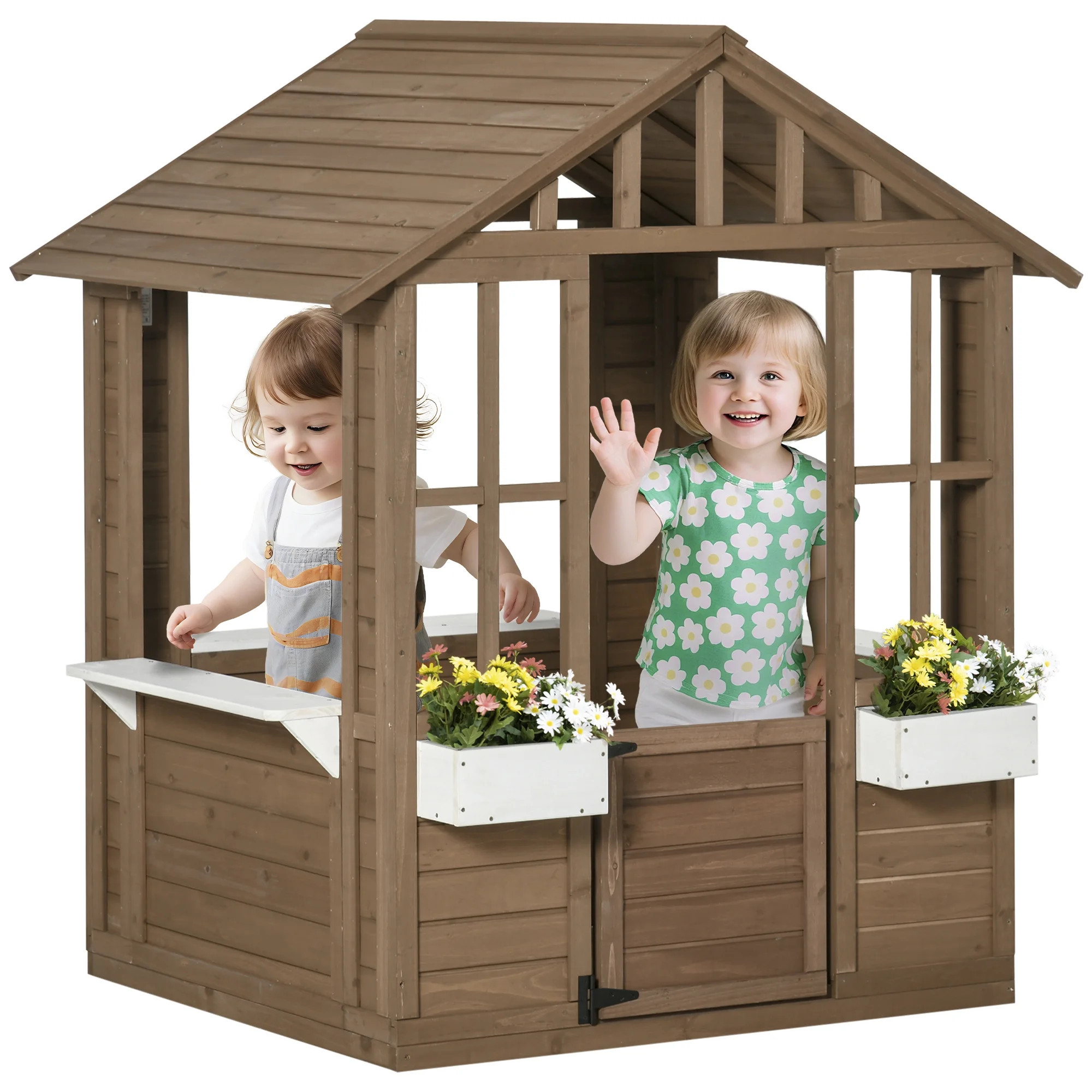Outsunny Wooden Playhouse for Kids Outdoor with Doors, Windows, Brown | Walmart (CA)