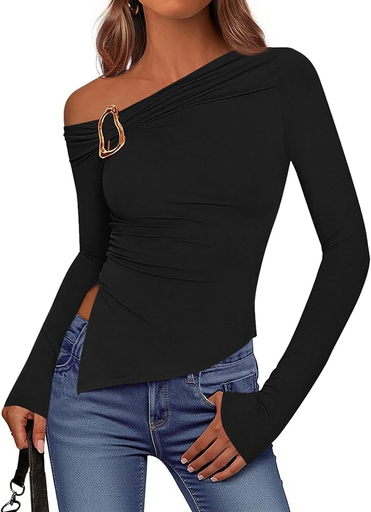 BTFBM Off The Shoulder Tops for Women Trendy 2025 Asymmetrical Long Sleeve Fitted Fall Going Out ... | Amazon (US)