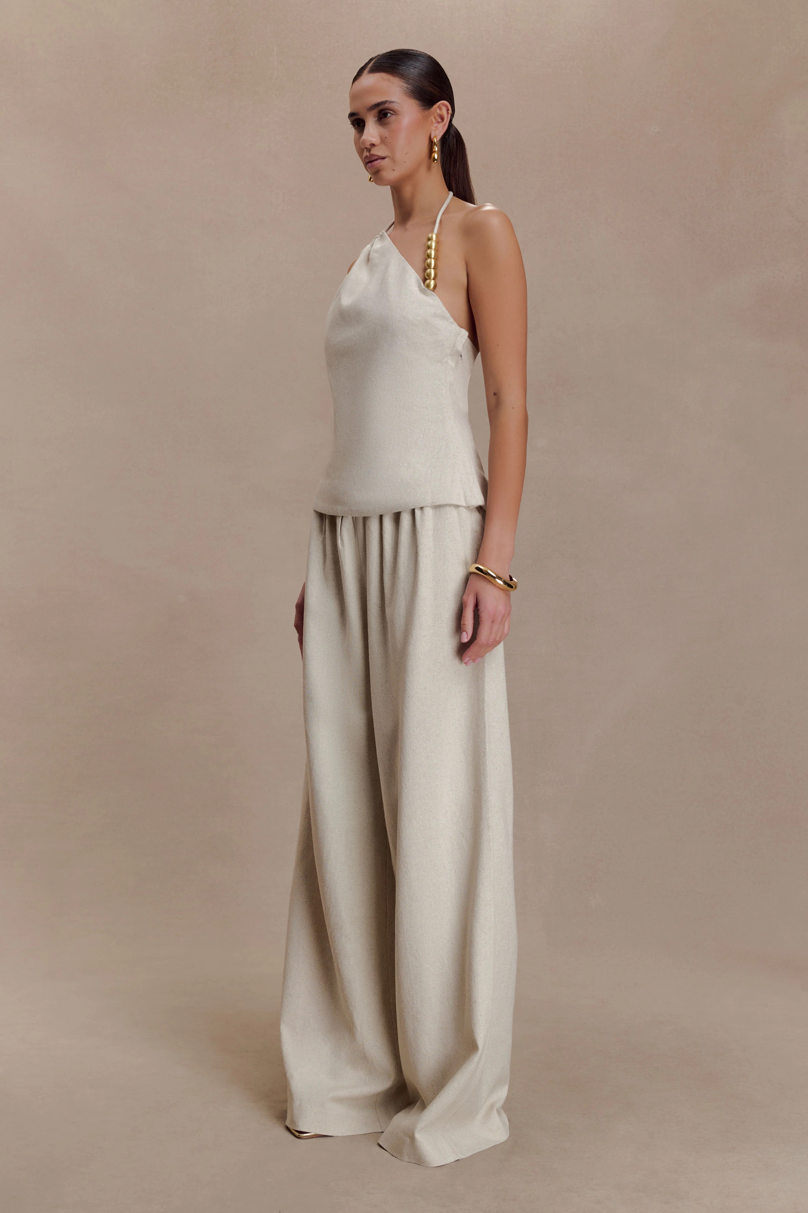 Gabby Asymmetrical Neckline Linen Beaded Top - Natural | Meshki (APAC)