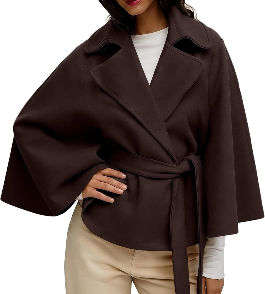 Batwing Sleeve Poncho Pea Coats for Women Oversized Wool Blend Cropped Cape Jacket with Belt Cloa... | Amazon (US)