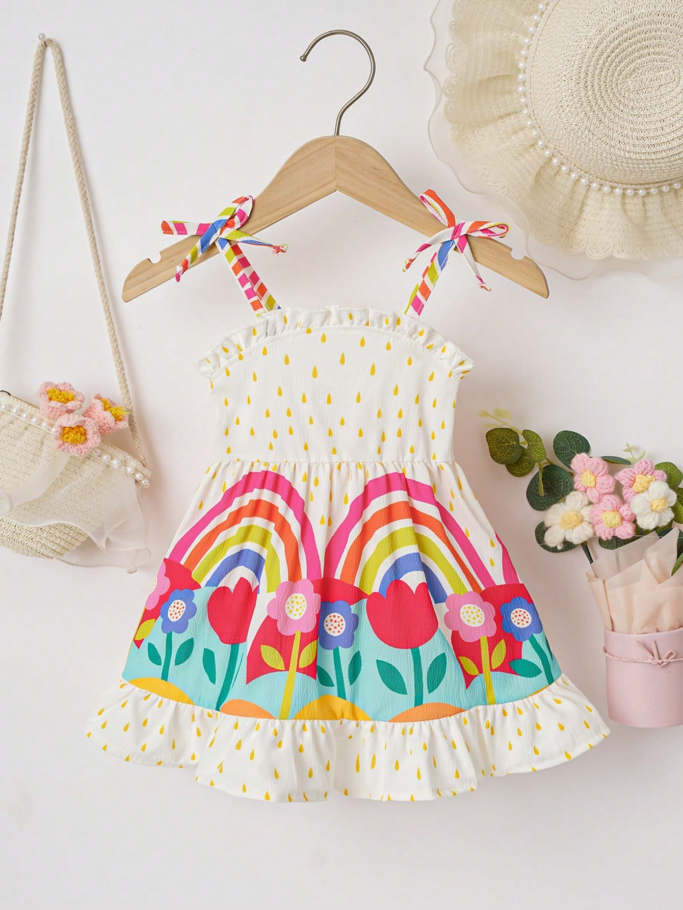 TrendsBaby Girl Woven Texture Flower Print Ruffled Hem Cami Dress With Lace Trim | SHEIN