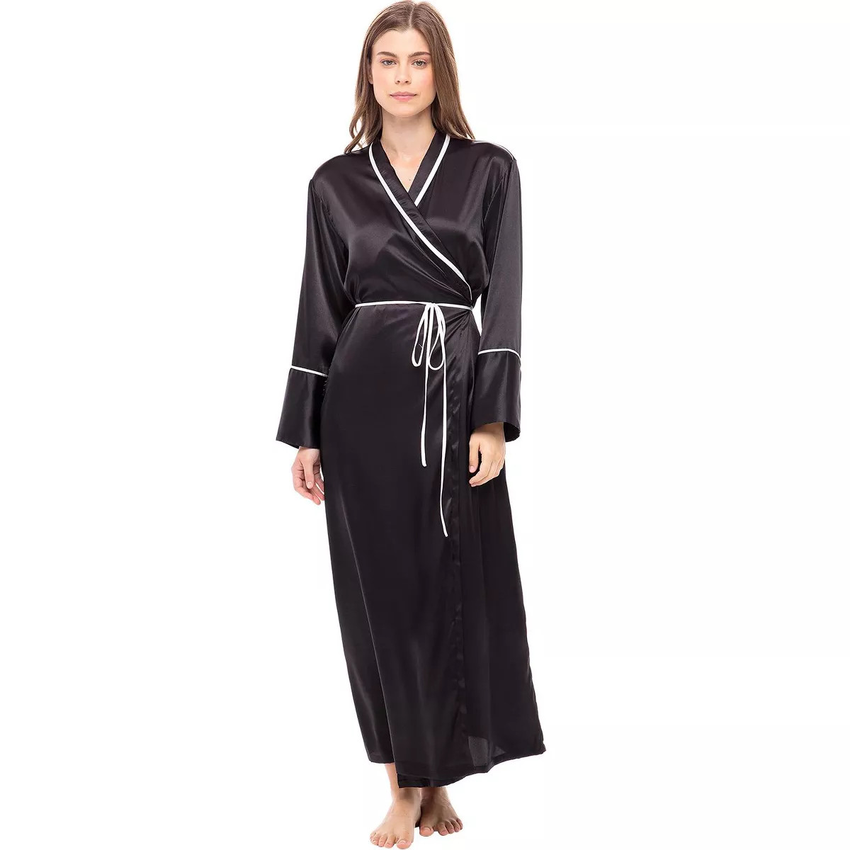 Women's Long Satin Robe with Contrast Piping- Tie Belt, Pockets, Full Length | Target