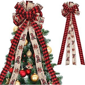 MTSCE Christmas Tree Topper, 57x 13 Inches Handmade Buffalo Plaid Christmas Decorations, Red Blac... | Amazon (US)