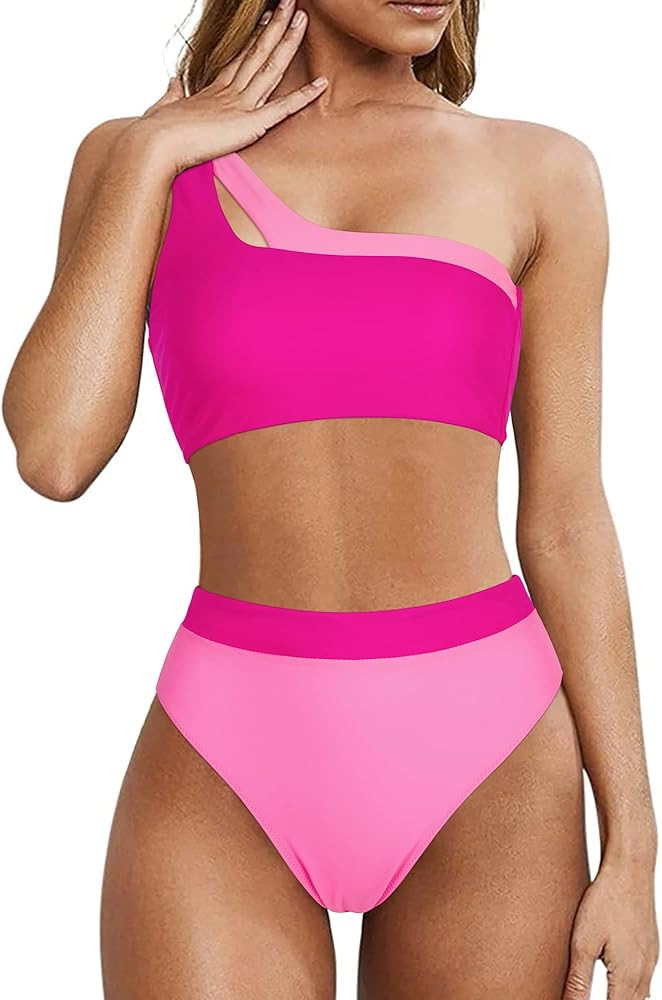 MOOSLOVER Women Cutout One Shoulder High Waisted Bikini High Cut Two Piece Swimsuits | Amazon (US)