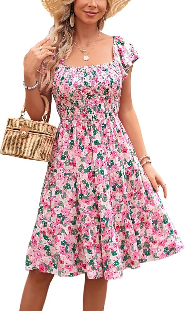 Kormei Women Smocked Square Neck Short Sleeve Boho Flowy Knee Length Sundresss Casual Summer Beac... | Amazon (US)