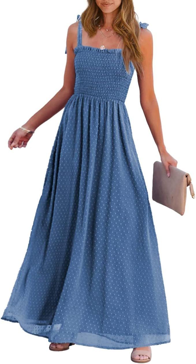 PRETTYGARDEN Women's Casual Summer Boho Maxi Dresses 2024 Tie Straps Square Neck Solid Swiss Dot ... | Amazon (US)