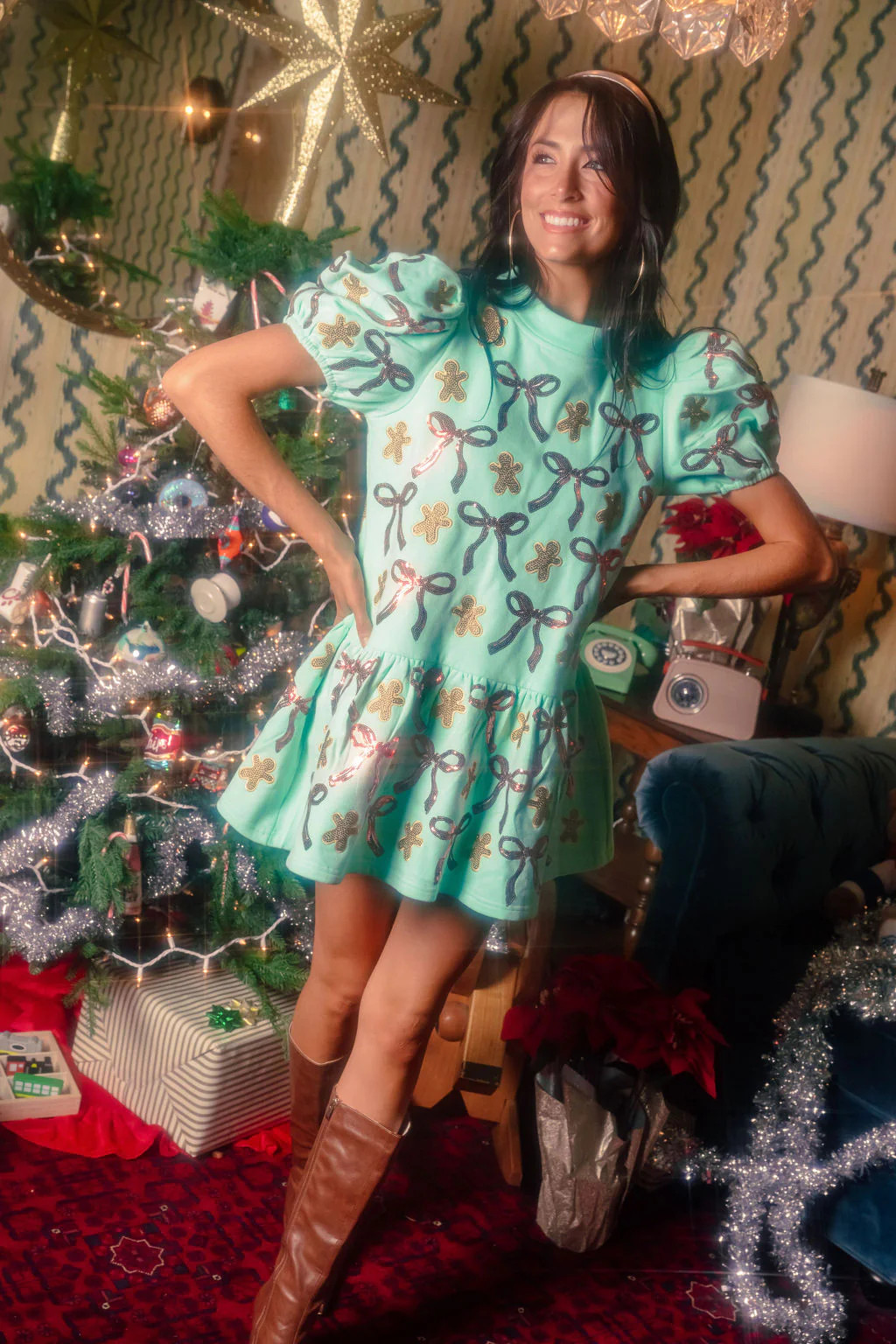 Mint Green Gingerbread Men & Bows Dress | Queen of Sparkles