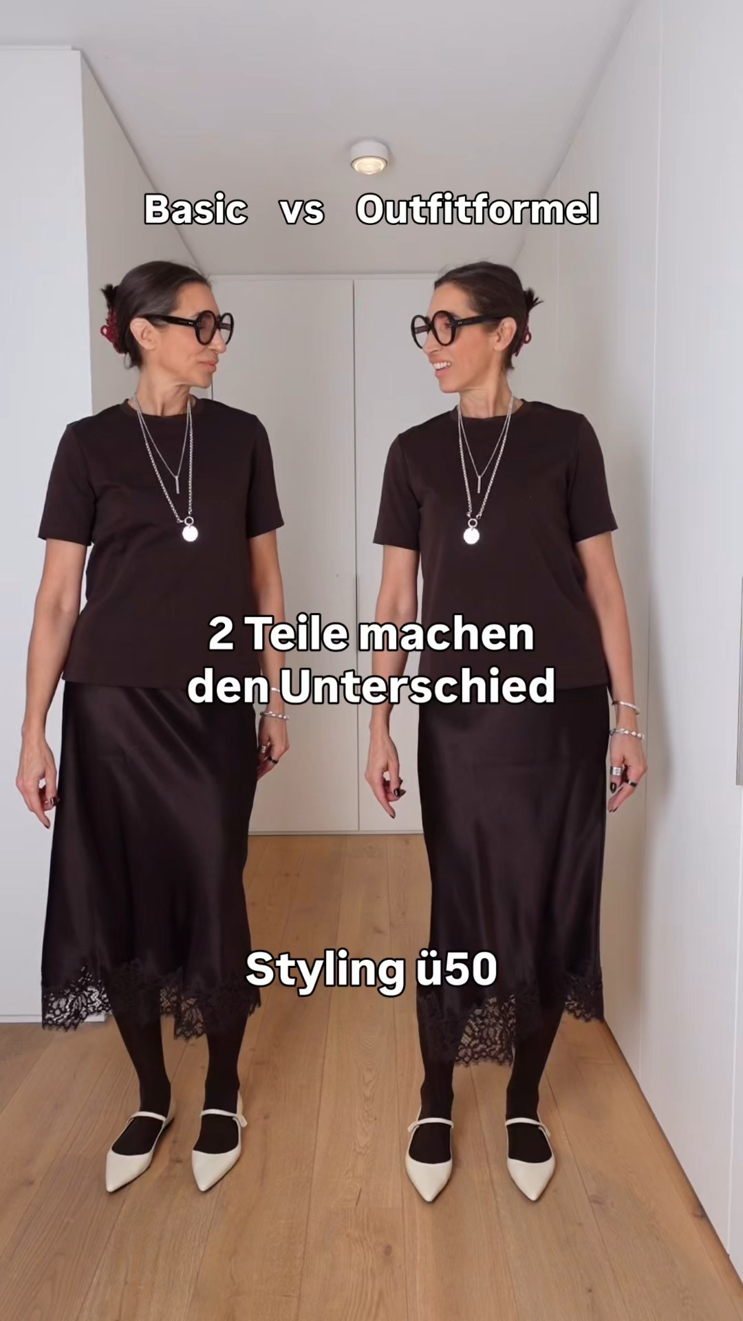 Outfitformel: Strick + Rock + Sneaker = moderner Stilbruch mit Leichtigkeit 🤎

Ein Look. Zwei Wirkungen. ✨
Links siehst du meinen femininen Basic-Look mit einem braunen Satinrock, der unten eine feine Saumspitze hat, dazu T-Shirt und Mary-Jane-Ballerinas.
Rechts wird daraus mit Strick und Sneakern ein moderner, lässiger Look.. feminin, bequem und absolut alltagstauglich.

Diese Outfitformel funktioniert immer .. egal, ob du 30, 50 oder 70 bist.
Sie zeigt, wie du feminine Elemente wie Satin und Spitze mit sportlichen Teilen kombinierst, ohne dass es gewollt aussieht. Und gerade, wenn du Wert auf Stil und Komfort legst, wirst du diesen Mix lieben.

#LTKü50 #LTKstyletip #LTKdeutschland