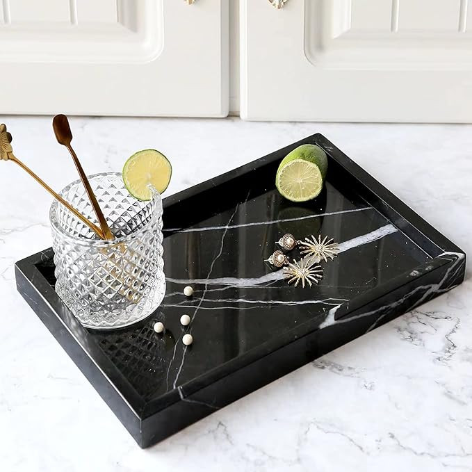 HERFECEAL Natural Marble Tray, Black Marble Tray for Bathroom Kitchen Vanity Coffee Table, Servin... | Amazon (US)