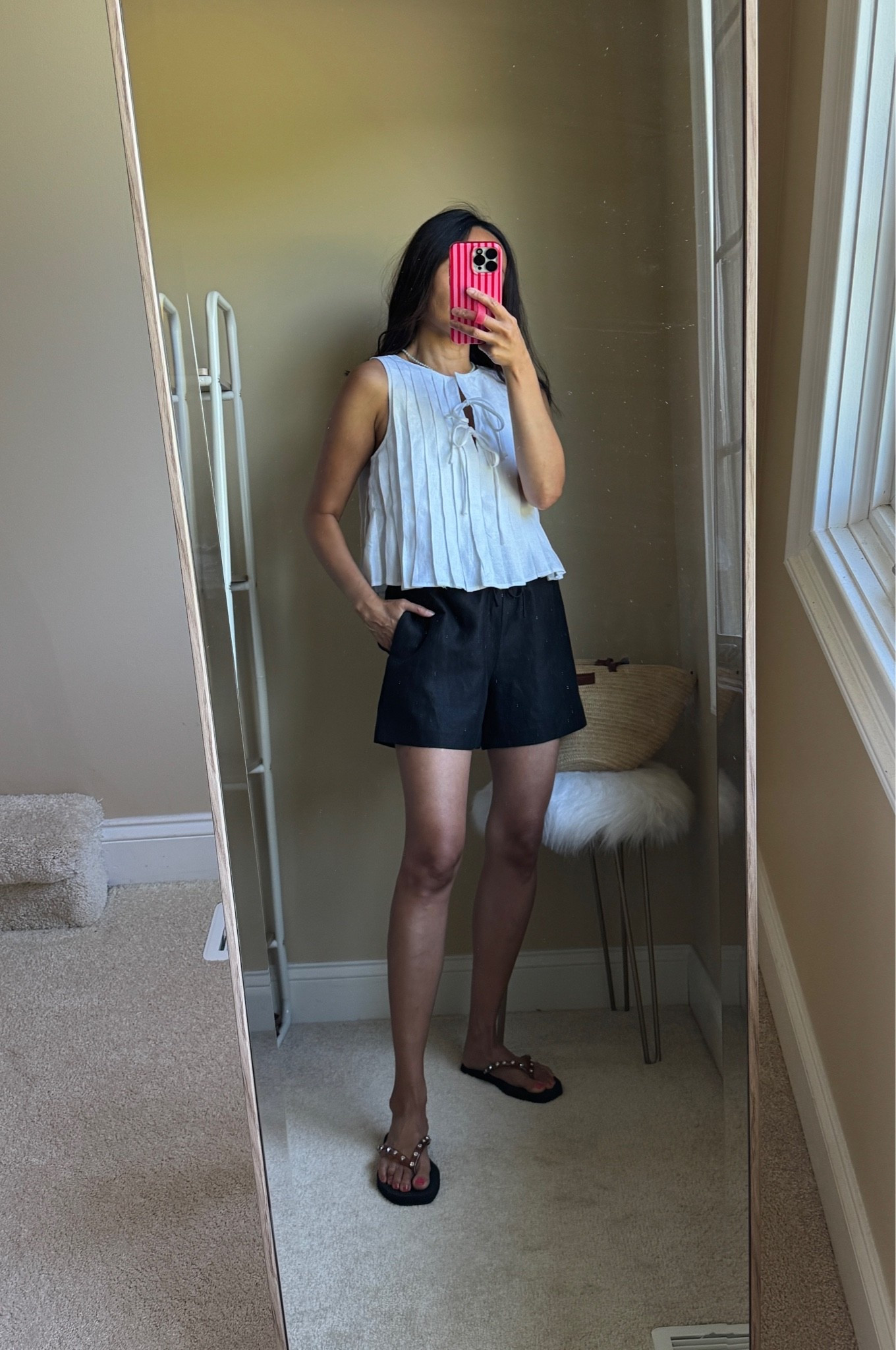 Summer outfit. Vacation outfit. 
Linen top with pleated design is cute. Dressy casual feel. Front tie neckline. Loose flowy fit. Also comes in natural and black. True to size here. 
Linen blend shorts. True to size. Size up if in between.

#LTKOver40 #LTKTravel