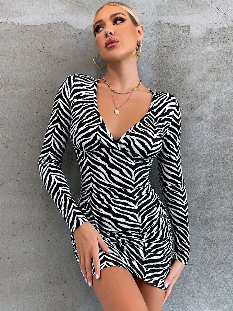 Zebra Striped Ruched Bodycon Dress | SHEIN
