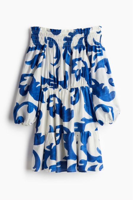 Blue and white patterned off the shoulder dress 

#LTKstyletip #LTKfindsunder50 #LTKSeasonal