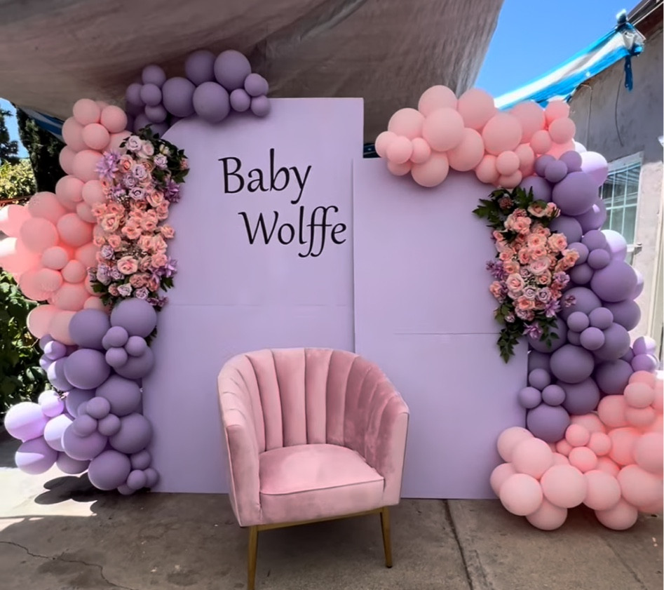Lavender and pink baby shower ballon backdrop with florals and velvet chair 

#LTKBaby #LTKHoliday #LTKHome
