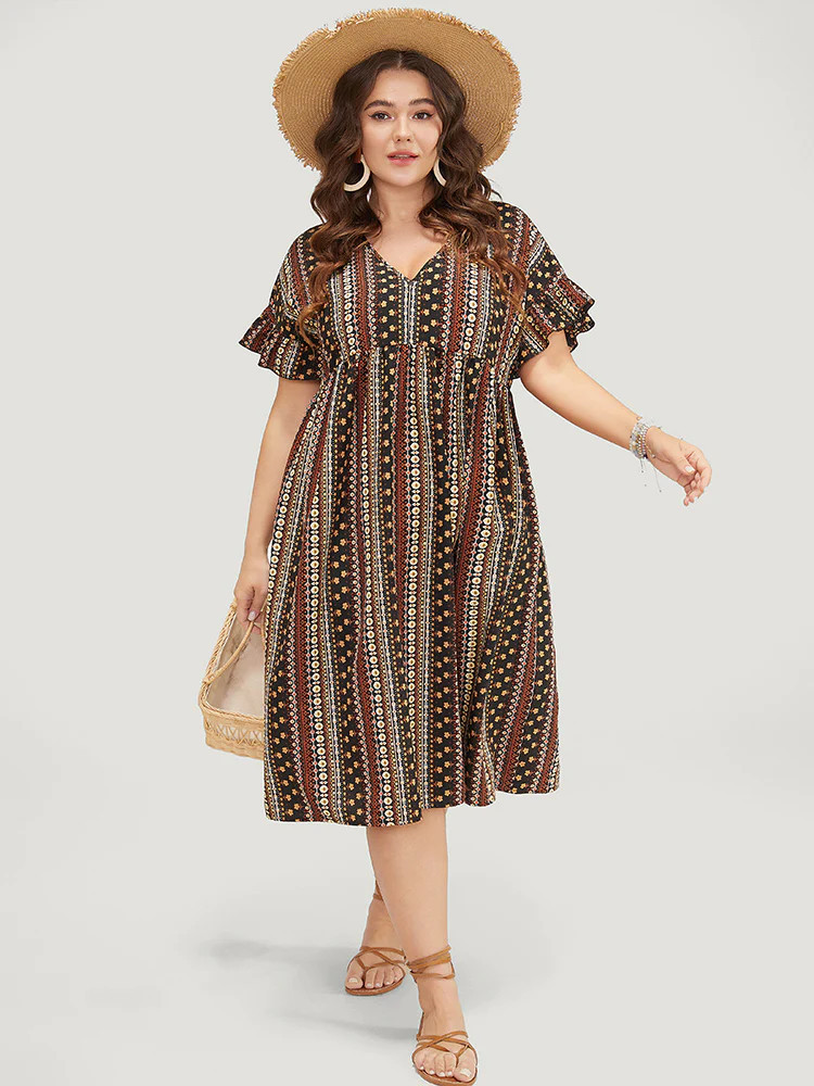Bandana Print Pocket V Neck Ruffle Sleeve Dress | Bloomchic