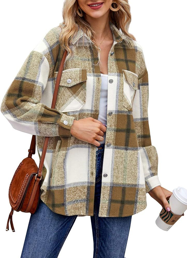 Imysty Womens Casual Plaid Wool Blend Shacket Button Down Long Sleeve Lapel Collar Shirts Coats | Amazon (US)