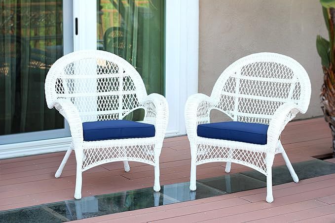 Jeco Wicker Chair with Blue Cushion, Set of 2, White/W00209- | Amazon (US)