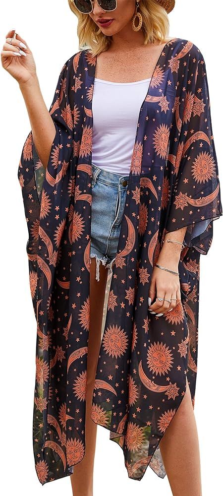 Hibluco Women's Summer Chiffon Floral Kimono Cardigan Long Swimwear Cover Ups | Amazon (US)