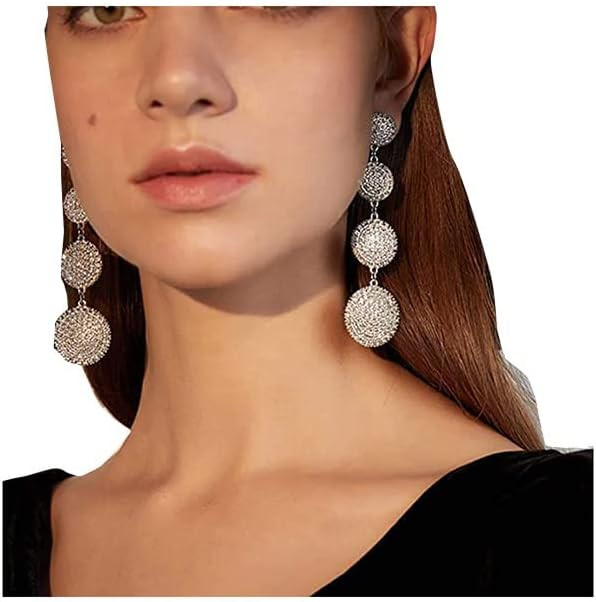 Fashion Women Silver Rhinestones Circle Earrings Long Chain Drop Dangle Earrings Jewelry | Amazon (US)
