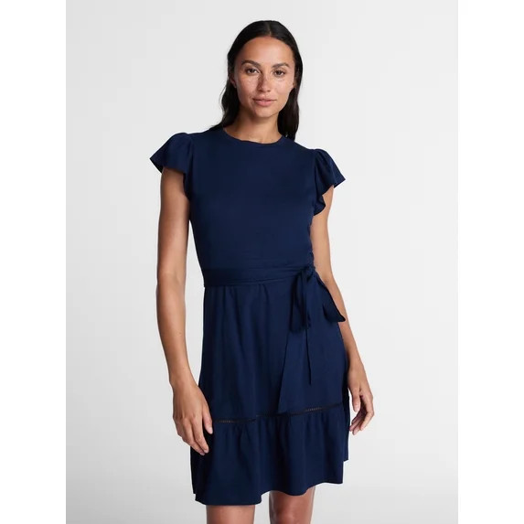 Time and Tru Women's and Women's Plus Belted Mini Dress with Flutter Sleeves, Sizes XS-4X | Walmart (US)
