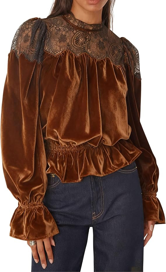 Gozoloma Women's Mesh Velvet Blouse Long Sleeve Lace Peplum Top Sheer Insert Babydoll Shirt Elegant Party Wear Tops | Amazon (US)