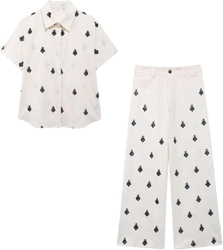 Women's Embroidery Short-Sleeved Shirt Top High-Waisted Wide-Leg Pants Set Suit Blouse Trousers Two-Piece Set | Amazon (US)