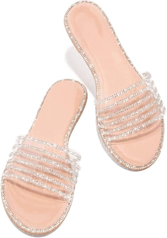 HINDOLA Women's Rhinestone Glitter Flat Sandals Summer Dressy Beach Slip on Sandal Casual Open To... | Amazon (US)