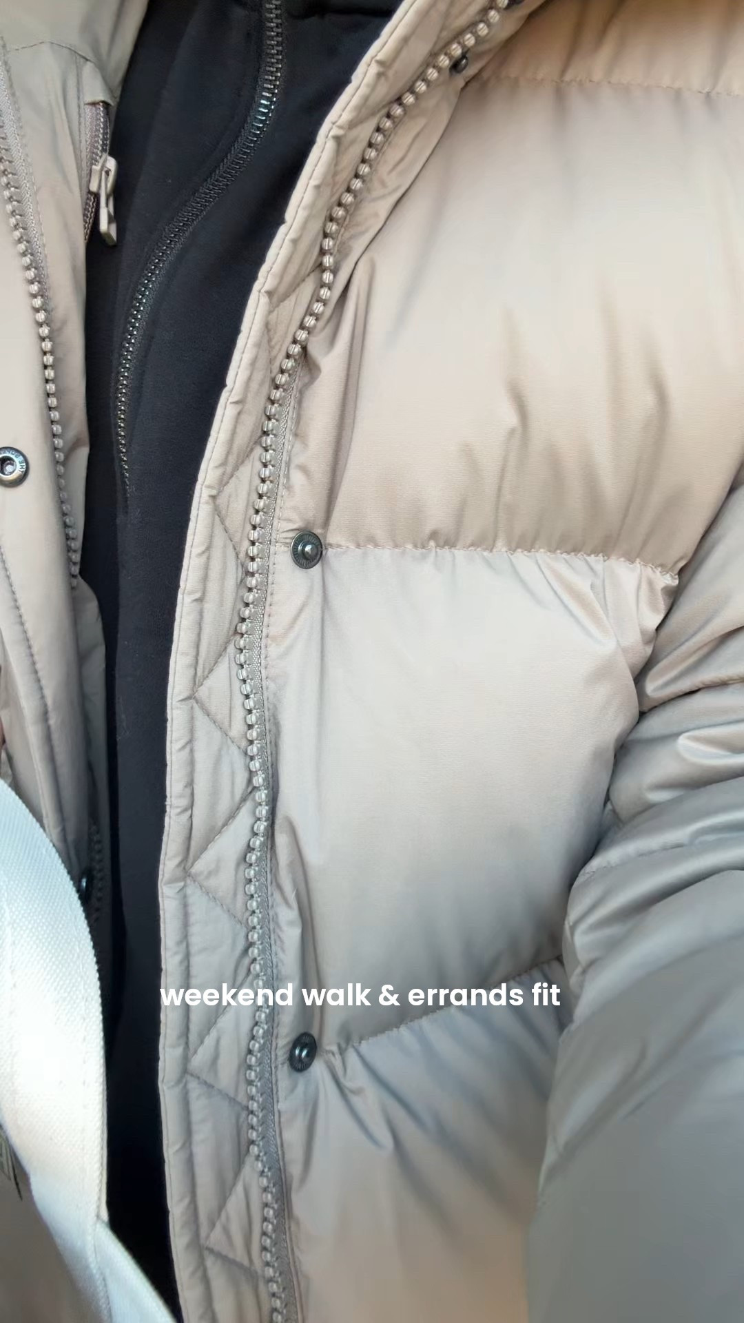 Weekend walk and errands fit - wearing aritzia super puff (modern taupe, size small) with LL Bean tote (mini in natural), Amazon leggings (small), and new balance 530