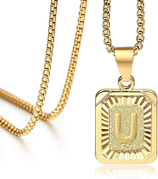 Hermah 26 Gold Plated Square Capital Initial Letter Charm Pendant Necklace for Men Women Box Stee... | Amazon (US)