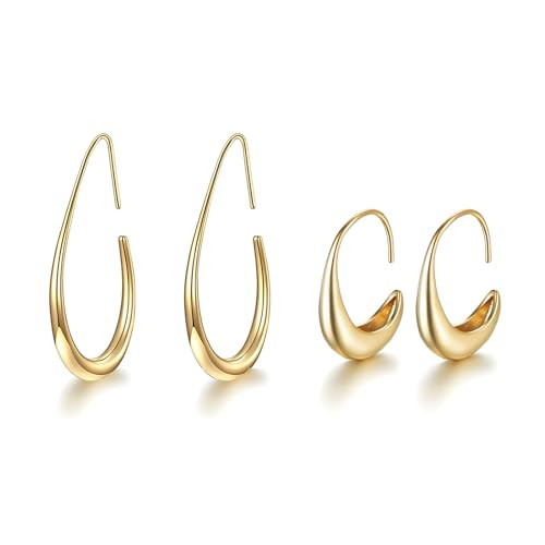 Gold Hoop Earrings for Women Lightweight Teardrop 18K Gold Plated Large and Small Oval Pull Through Fluid Hoop Earrings Set, Chunky Gold Statement Dangle Drop Earrings | Amazon (US)
