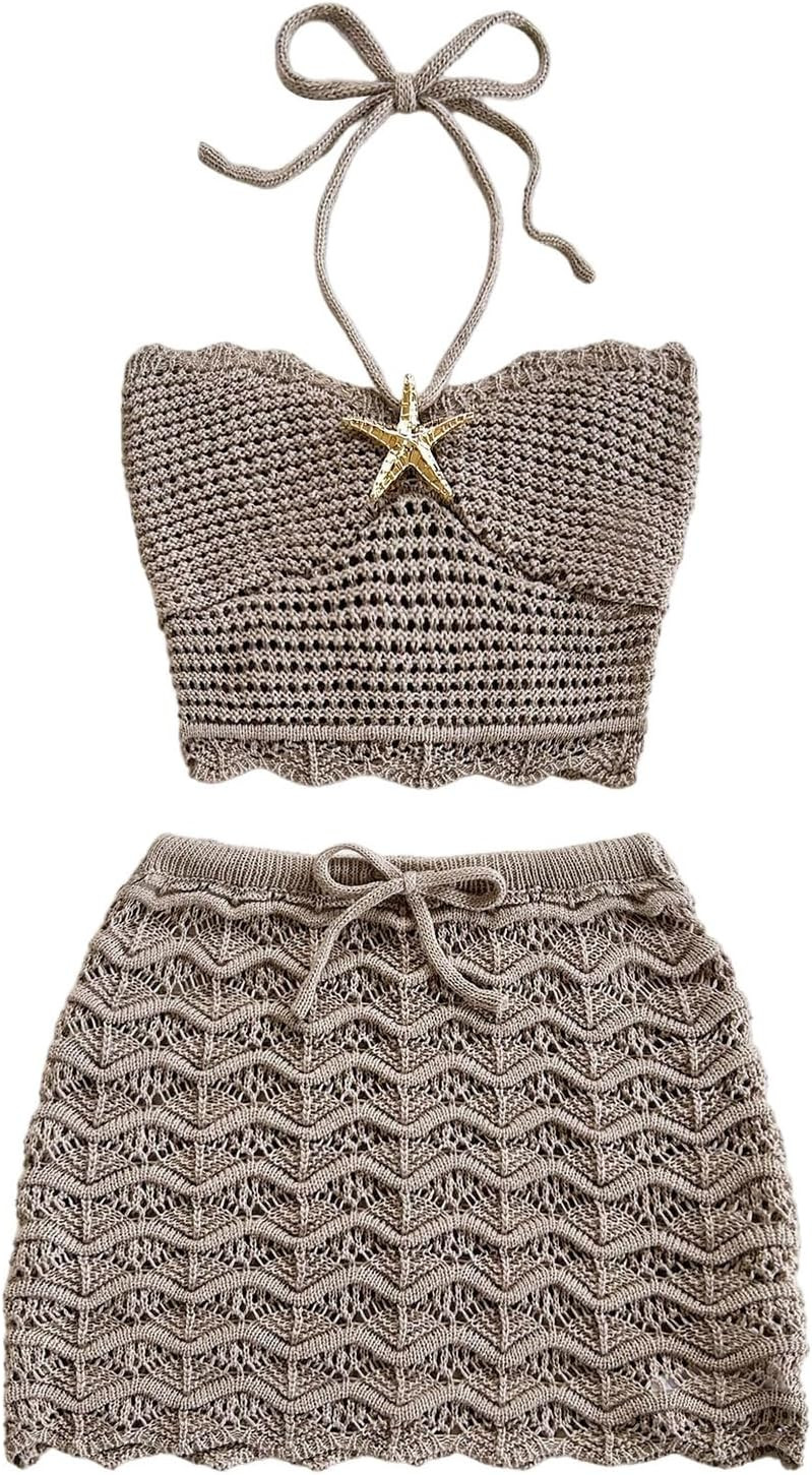 GORGLITTER Women's Crochet Going Out Outfits Halter Crop Top Mini Skirt Set | Amazon (US)