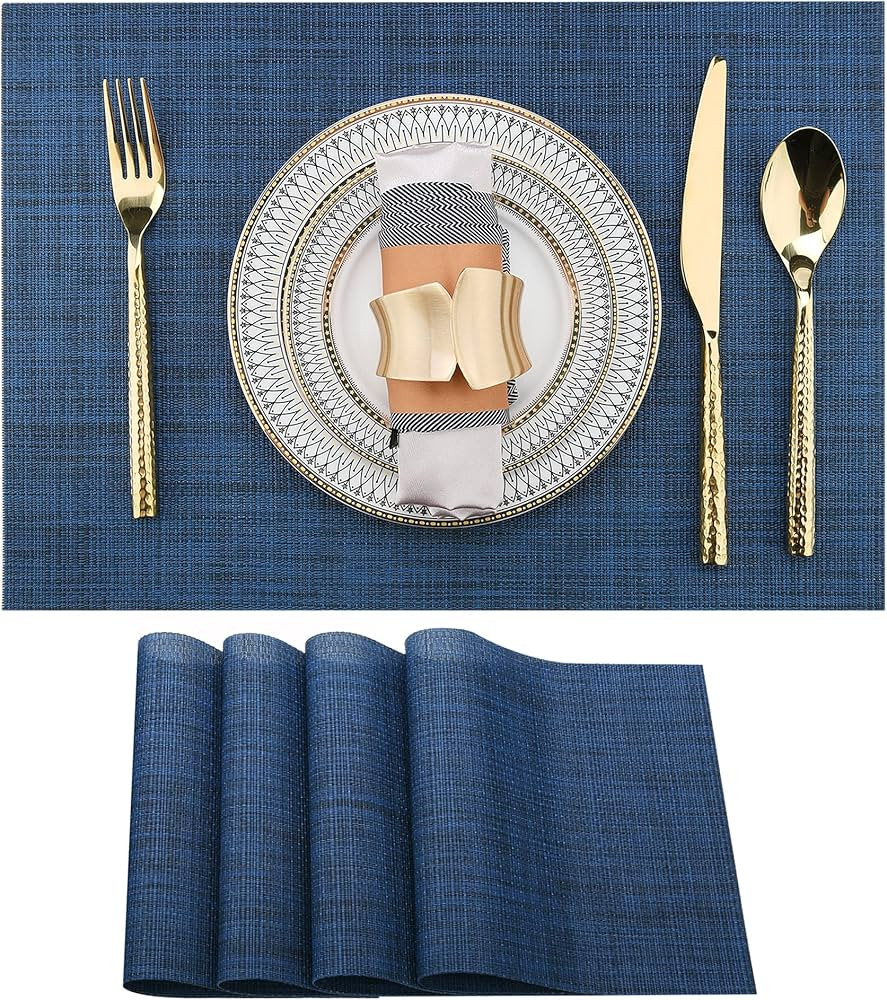 SLKQG Navy Blue Placemats Set of 4 - Easy Clean Washable Vinyl Placemats - Wipeable Heat Resistan... | Amazon (US)