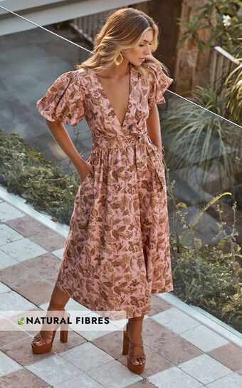 Amalie The Label - Franc Linen Puff Sleeve Wrap Midi Linen Dress in Vahala Print | Showpo (US, UK & Europe)